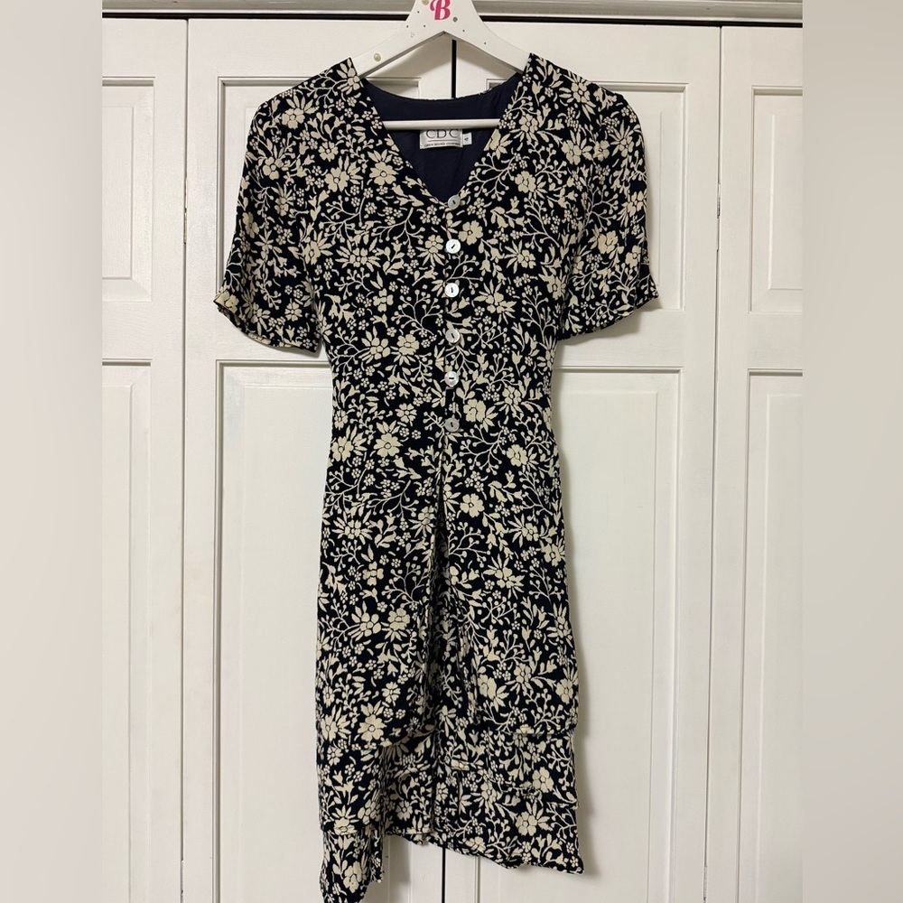 Vintage CDC Black and Cream Dark Floral Mini Dress Y2K Fairy Grunge Cottagecore